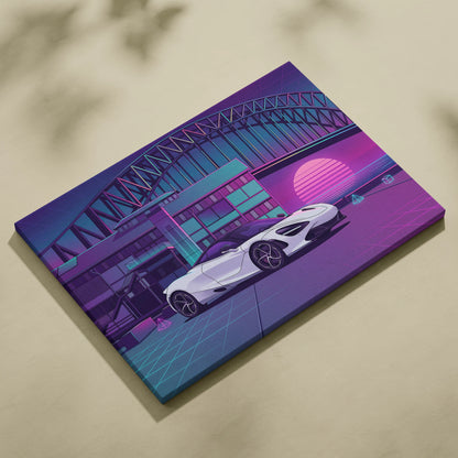 McLaren 720S Inspired White Purple Canvas Wall Art, Neon Vaporwave Supercar Artwork for Modern Garage Decor with Retro City Mood