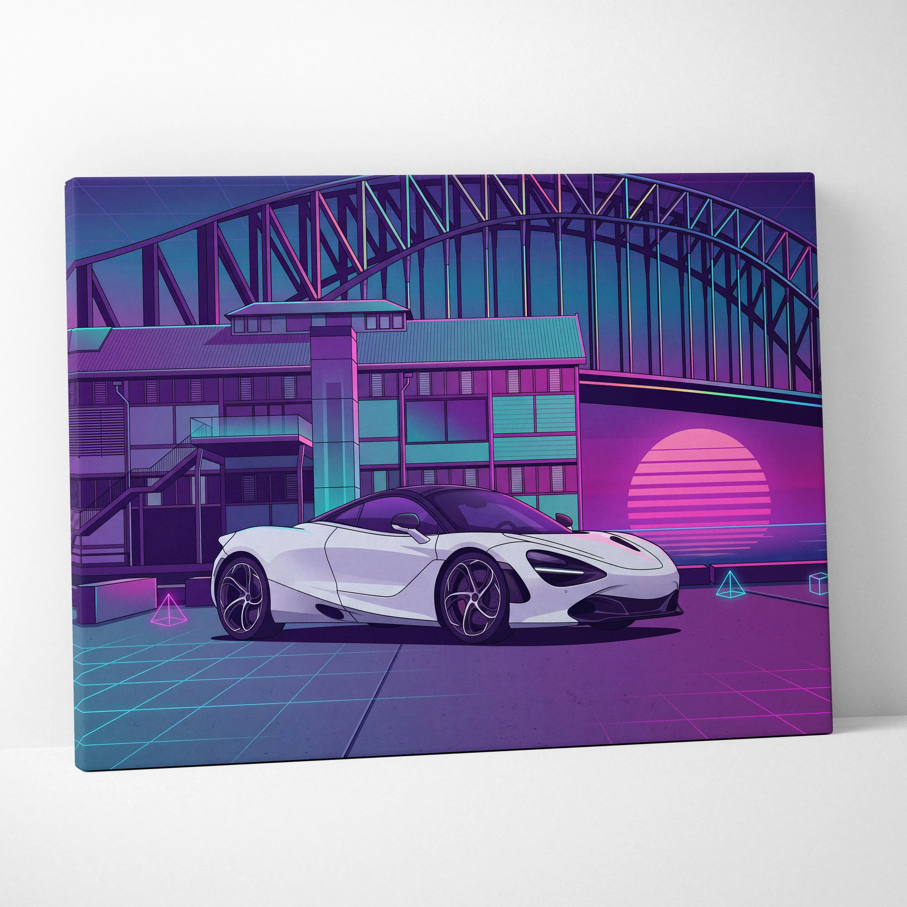 McLaren 720S Inspired White Purple Canvas Wall Art, Neon Vaporwave Supercar Artwork for Modern Garage Decor with Retro City Mood