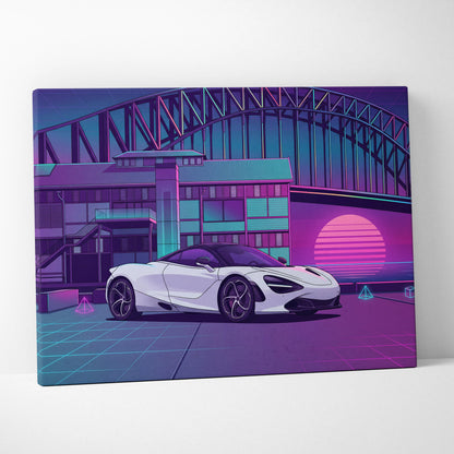 McLaren 720S Inspired White Purple Canvas Wall Art, Neon Vaporwave Supercar Artwork for Modern Garage Decor with Retro City Mood