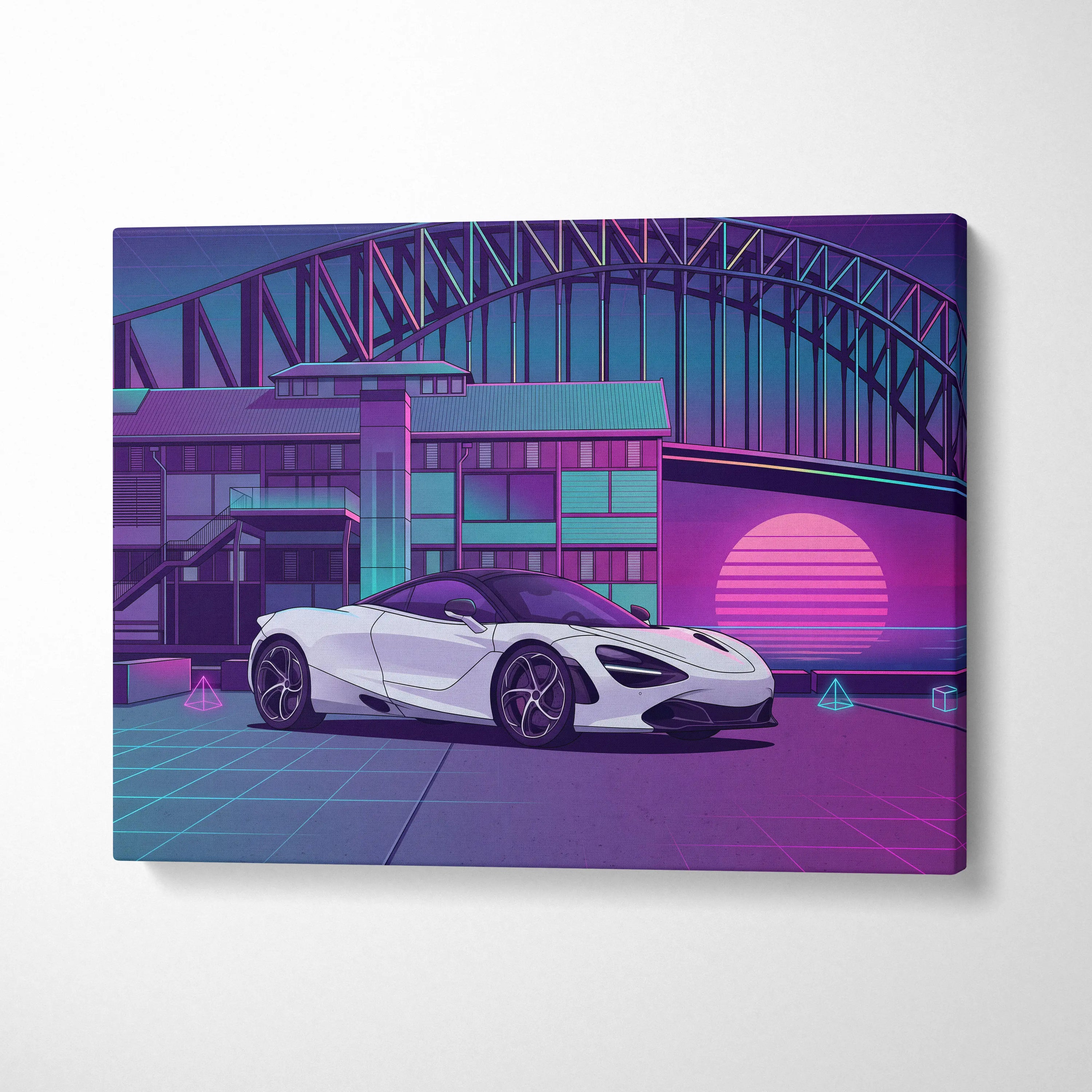 McLaren 720S Inspired White Purple Canvas Wall Art, Neon Vaporwave Supercar Artwork for Modern Garage Decor with Retro City Mood