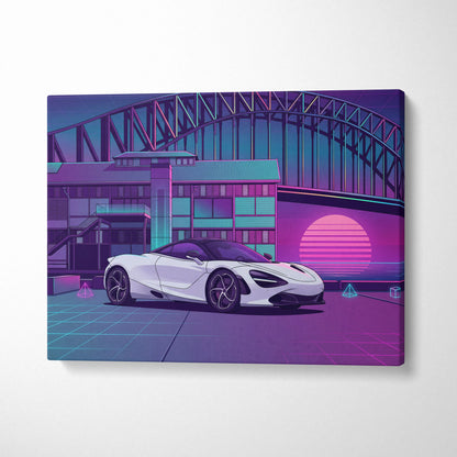 McLaren 720S Inspired White Purple Canvas Wall Art, Neon Vaporwave Supercar Artwork for Modern Garage Decor with Retro City Mood
