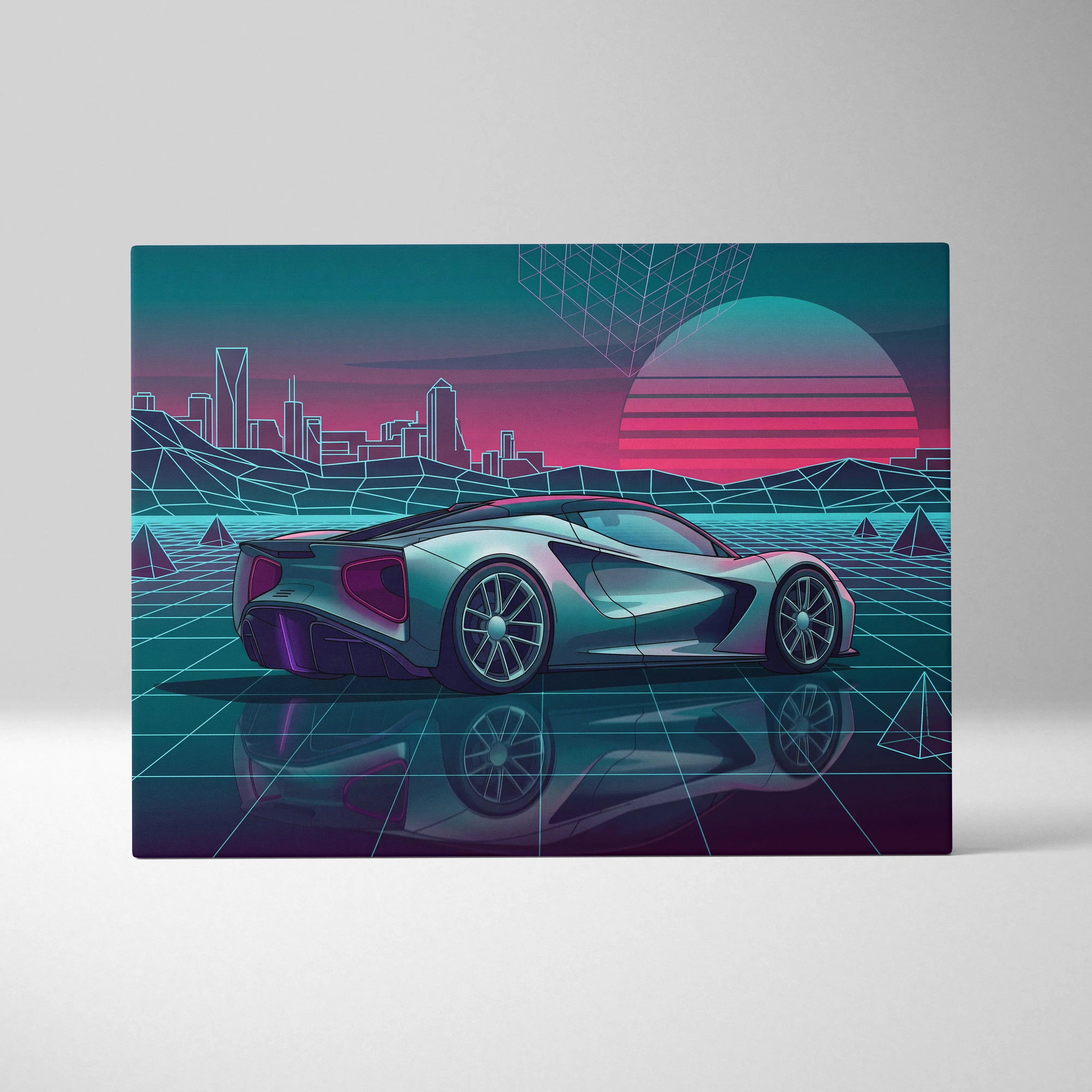 Lotus Evija Inspired Silver Teal Canvas Wall Art, Neon Vaporwave Hypercar Artwork for Futuristic Garage Decor Mood