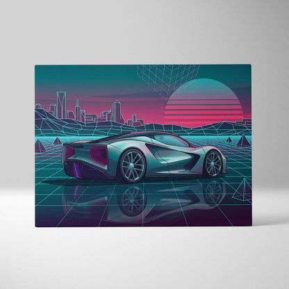 Lotus Evija Inspired Silver Teal Canvas Wall Art, Neon Vaporwave Hypercar Artwork for Futuristic Garage Decor Mood