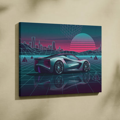 Lotus Evija Inspired Silver Teal Canvas Wall Art, Neon Vaporwave Hypercar Artwork for Futuristic Garage Decor Mood
