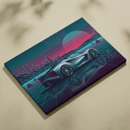Lotus Evija Inspired Silver Teal Canvas Wall Art, Neon Vaporwave Hypercar Artwork for Futuristic Garage Decor Mood