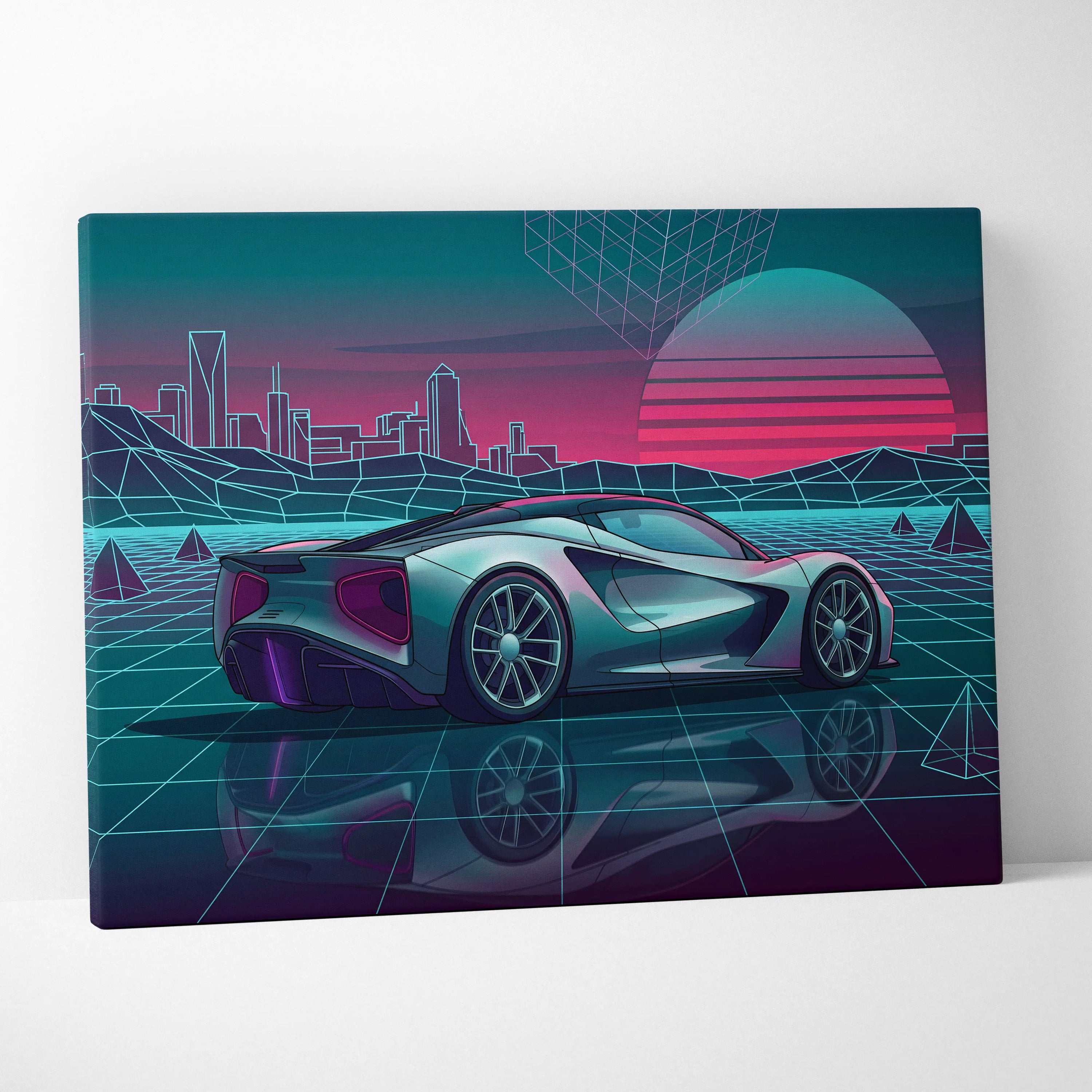 Lotus Evija Inspired Silver Teal Canvas Wall Art, Neon Vaporwave Hypercar Artwork for Futuristic Garage Decor Mood
