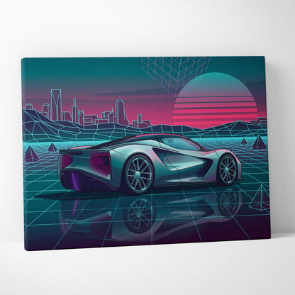 Lotus Evija Inspired Silver Teal Canvas Wall Art, Neon Vaporwave Hypercar Artwork for Futuristic Garage Decor Mood