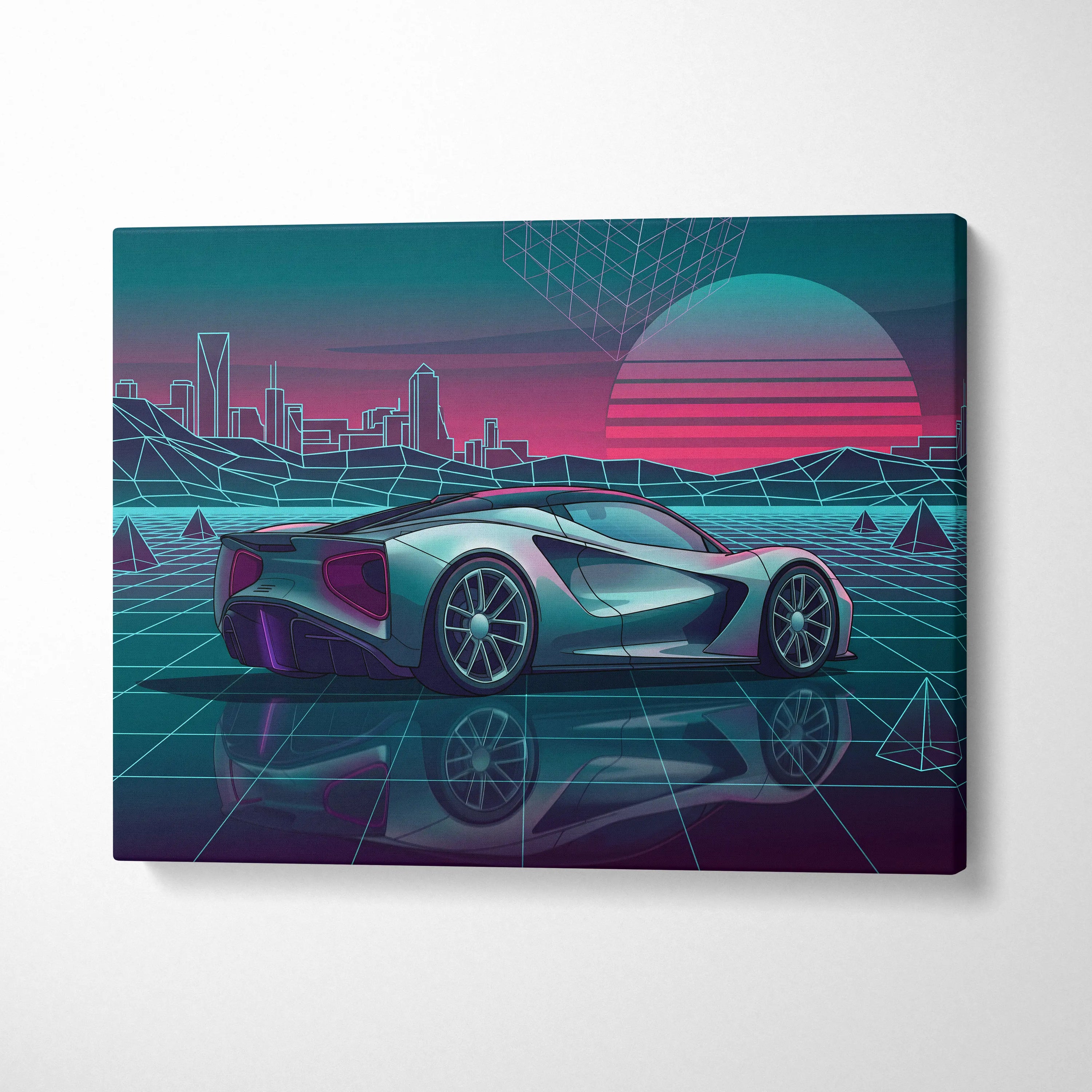 Lotus Evija Inspired Silver Teal Canvas Wall Art, Neon Vaporwave Hypercar Artwork for Futuristic Garage Decor Mood