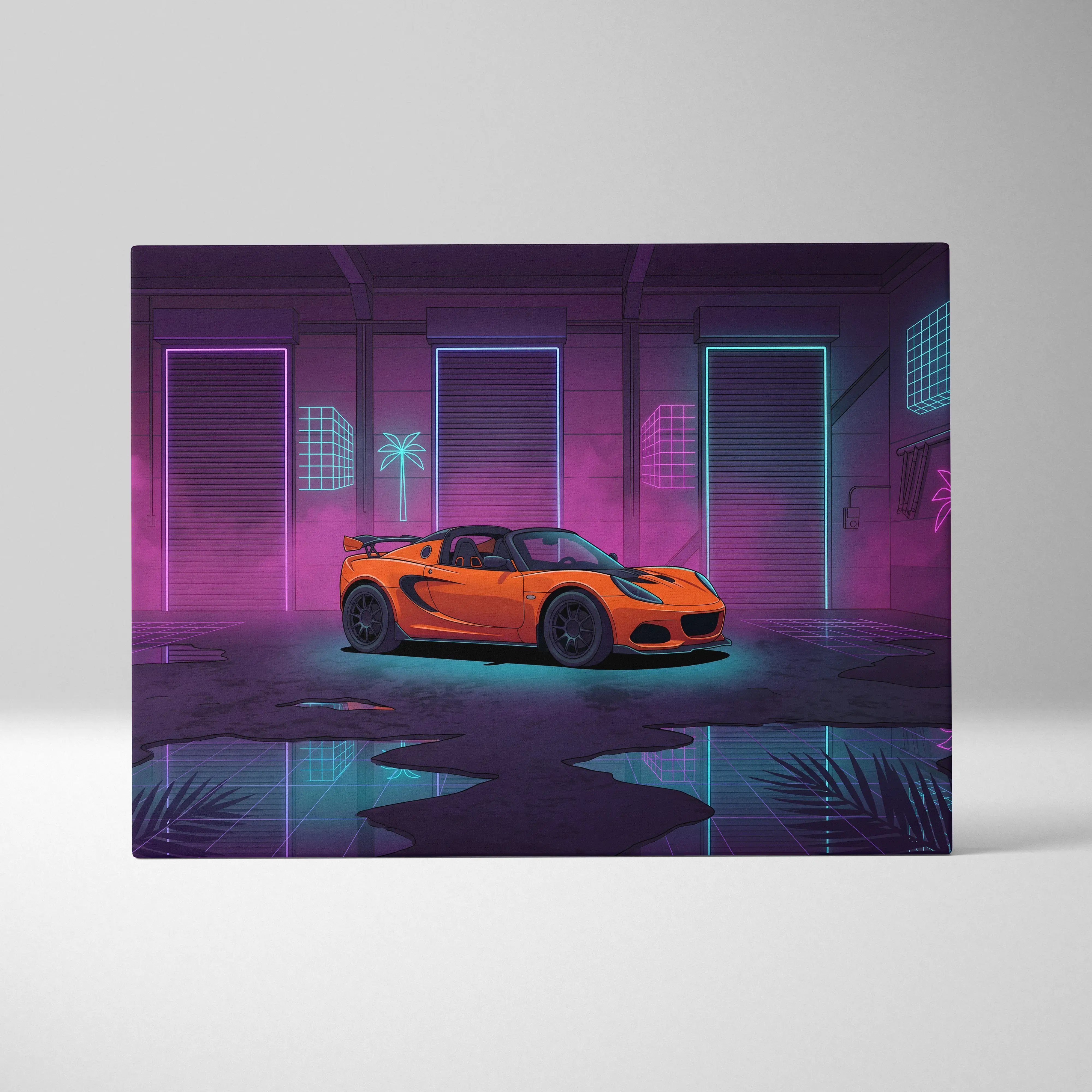 Lotus Elise Inspired Orange Purple Canvas Wall Art, Neon Vaporwave Sports Car Artwork for Retro Garage Decor with Moody JDM Style
