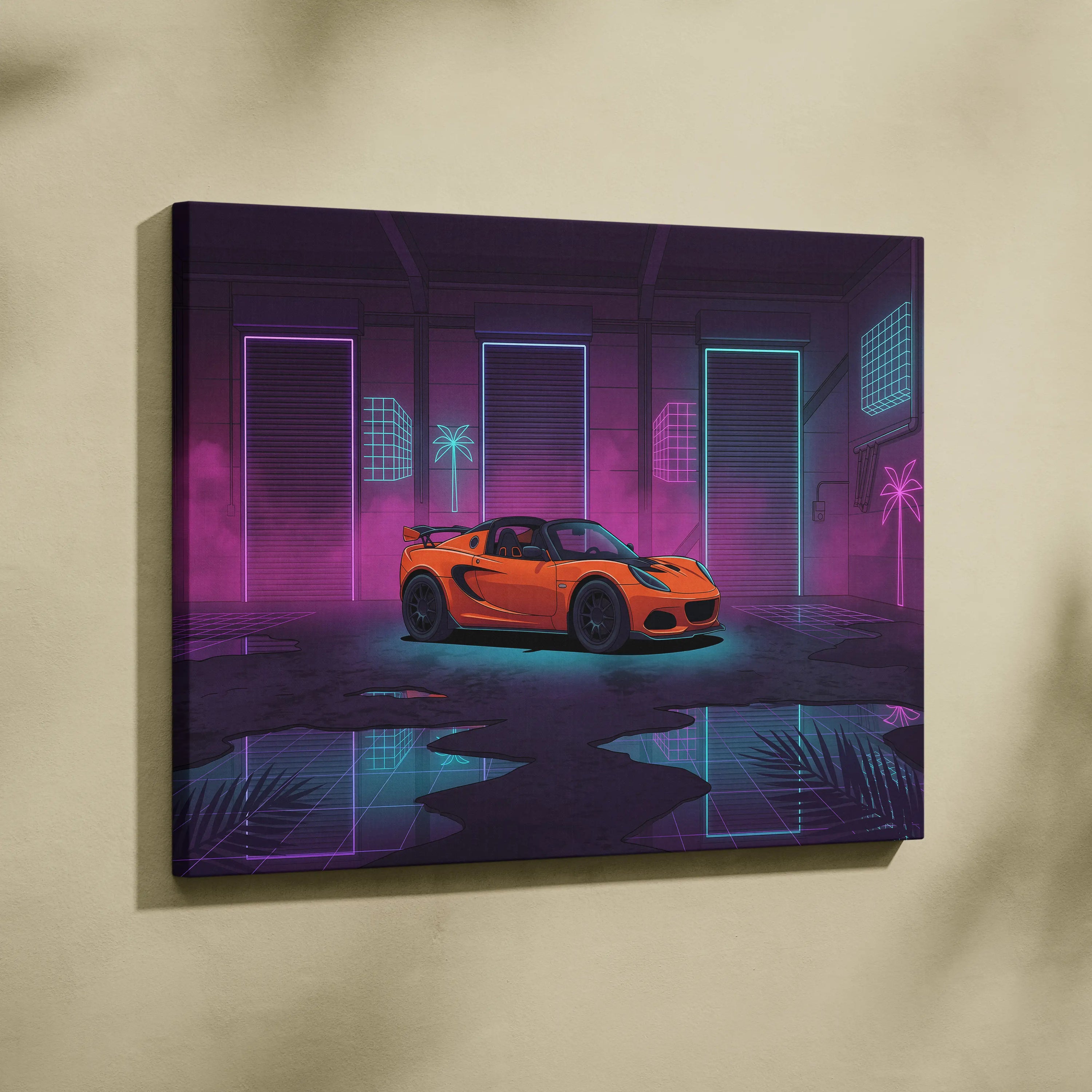 Lotus Elise Inspired Orange Purple Canvas Wall Art, Neon Vaporwave Sports Car Artwork for Retro Garage Decor with Moody JDM Style