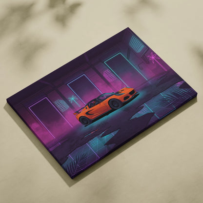 Lotus Elise Inspired Orange Purple Canvas Wall Art, Neon Vaporwave Sports Car Artwork for Retro Garage Decor with Moody JDM Style