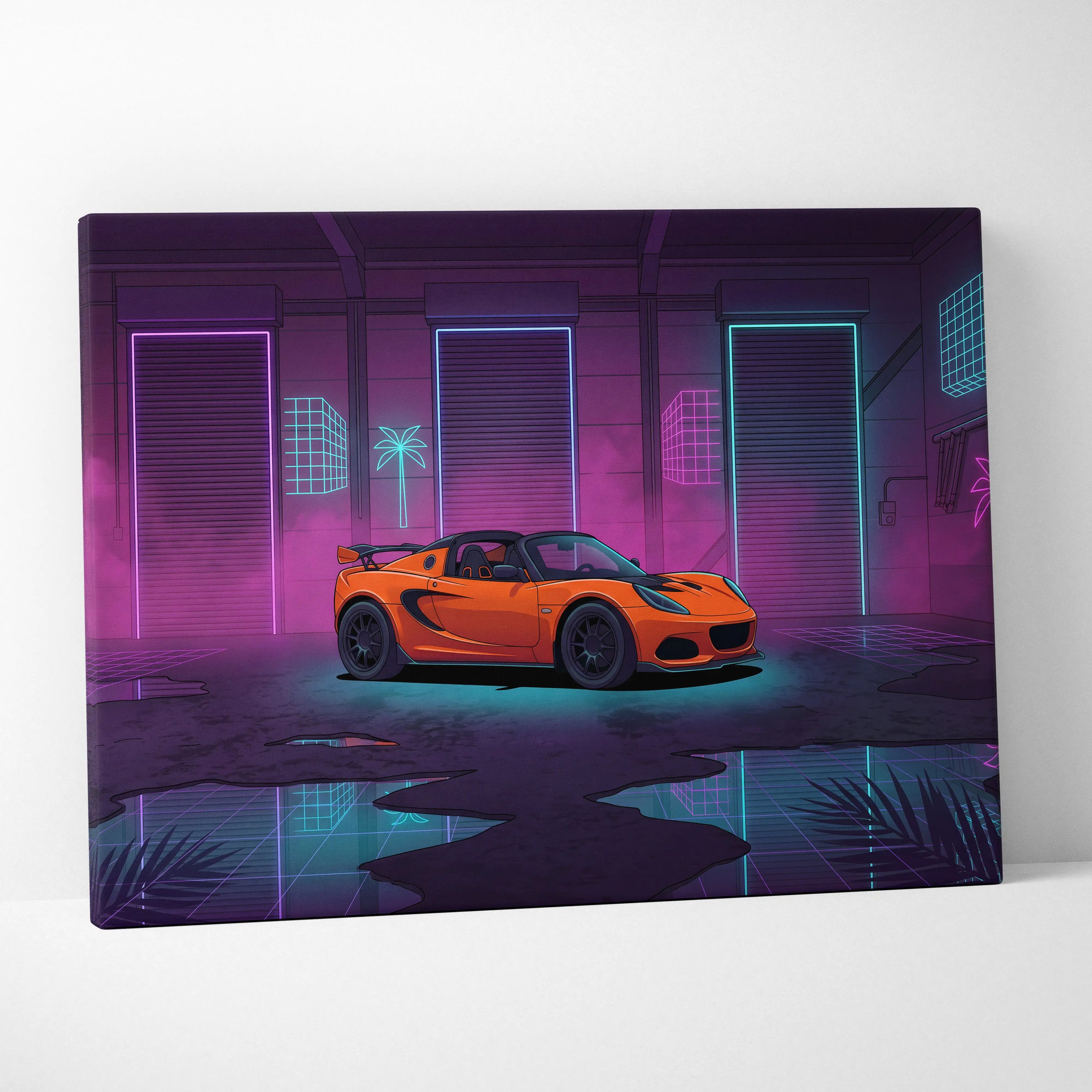 Lotus Elise Inspired Orange Purple Canvas Wall Art, Neon Vaporwave Sports Car Artwork for Retro Garage Decor with Moody JDM Style