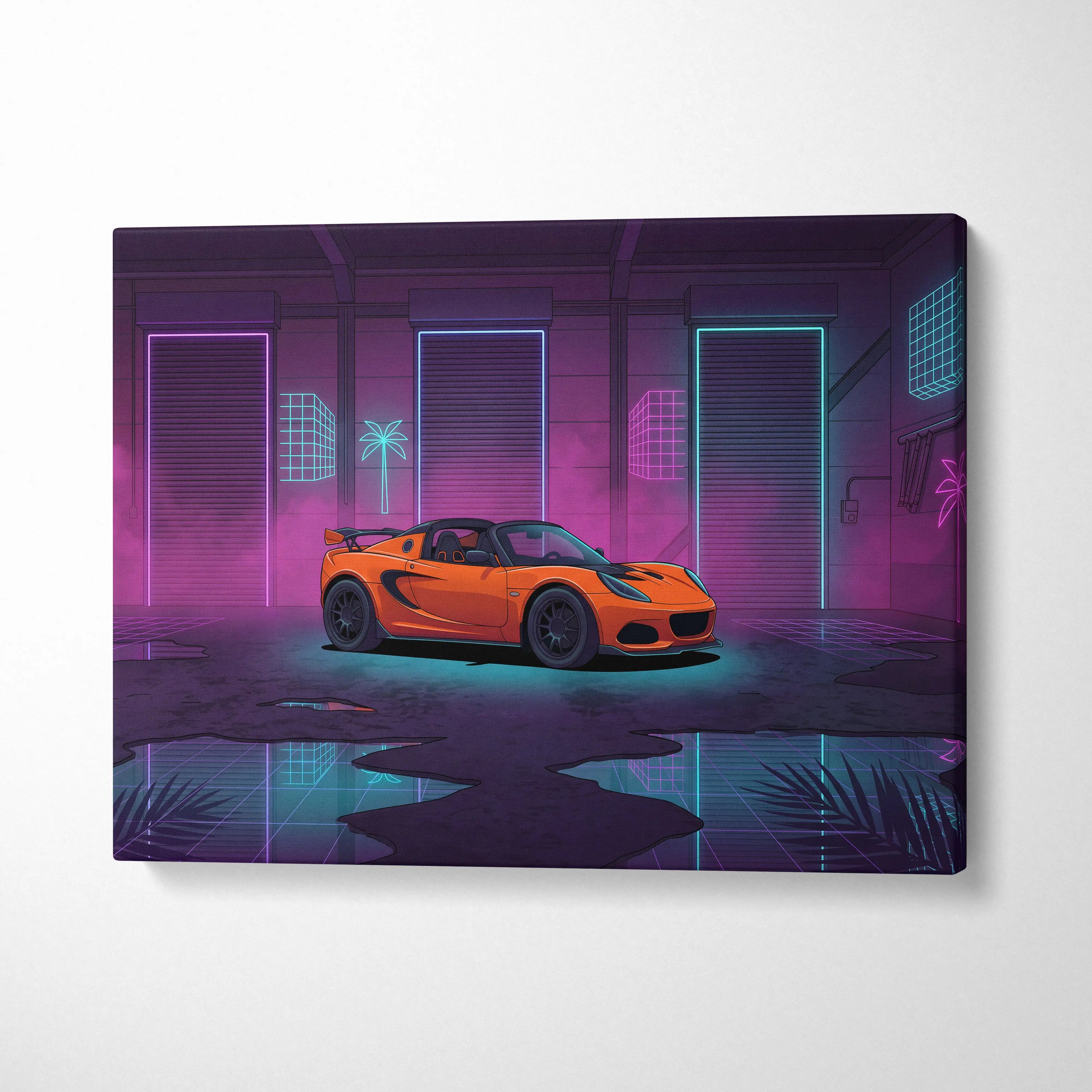 Lotus Elise Inspired Orange Purple Canvas Wall Art, Neon Vaporwave Sports Car Artwork for Retro Garage Decor with Moody JDM Style