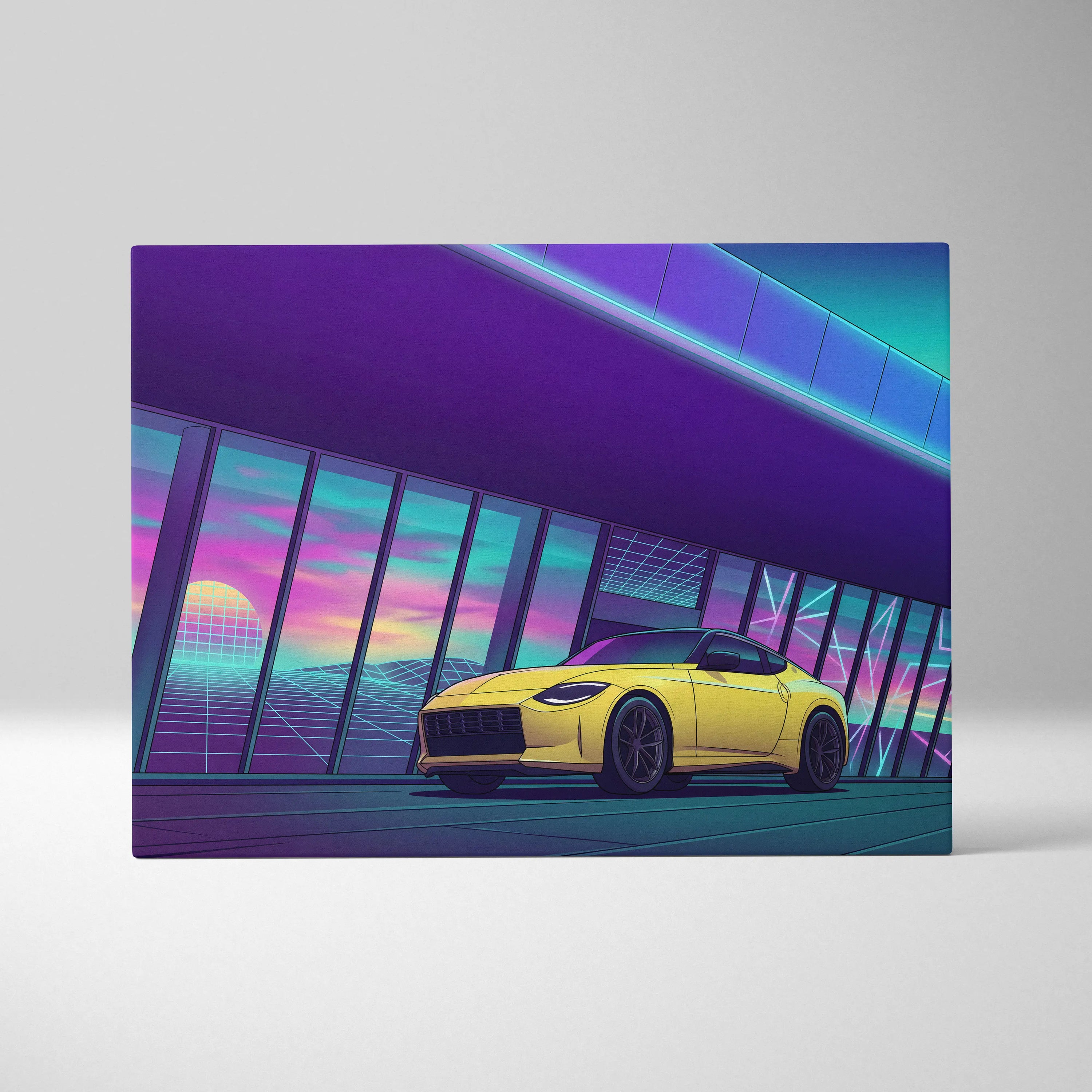 Nissan Z Inspired Yellow Purple Canvas Wall Art Vaporwave Sports Car Artwork Neon Garage Decor Retro Futuristic JDM City Print