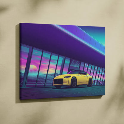 Nissan Z Inspired Yellow Purple Canvas Wall Art Vaporwave Sports Car Artwork Neon Garage Decor Retro Futuristic JDM City Print