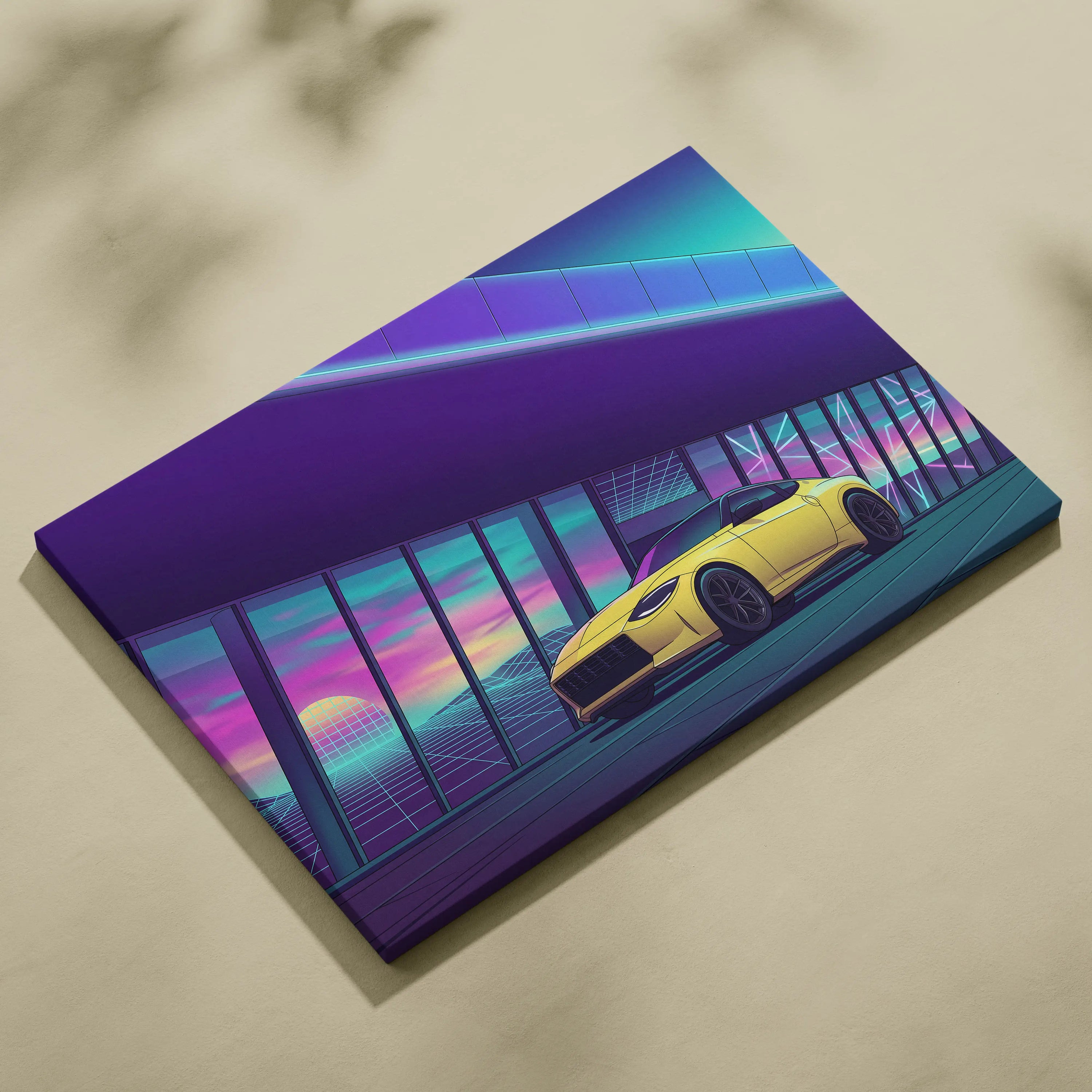 Nissan Z Inspired Yellow Purple Canvas Wall Art Vaporwave Sports Car Artwork Neon Garage Decor Retro Futuristic JDM City Print