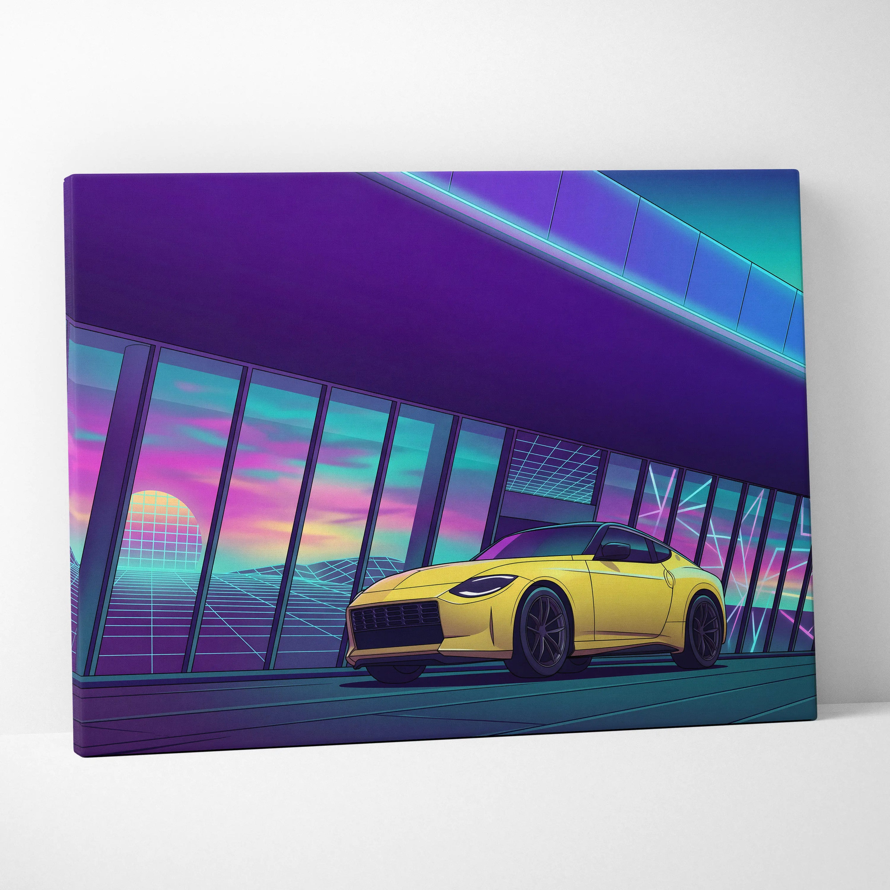 Nissan Z Inspired Yellow Purple Canvas Wall Art Vaporwave Sports Car Artwork Neon Garage Decor Retro Futuristic JDM City Print
