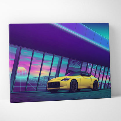 Nissan Z Inspired Yellow Purple Canvas Wall Art Vaporwave Sports Car Artwork Neon Garage Decor Retro Futuristic JDM City Print