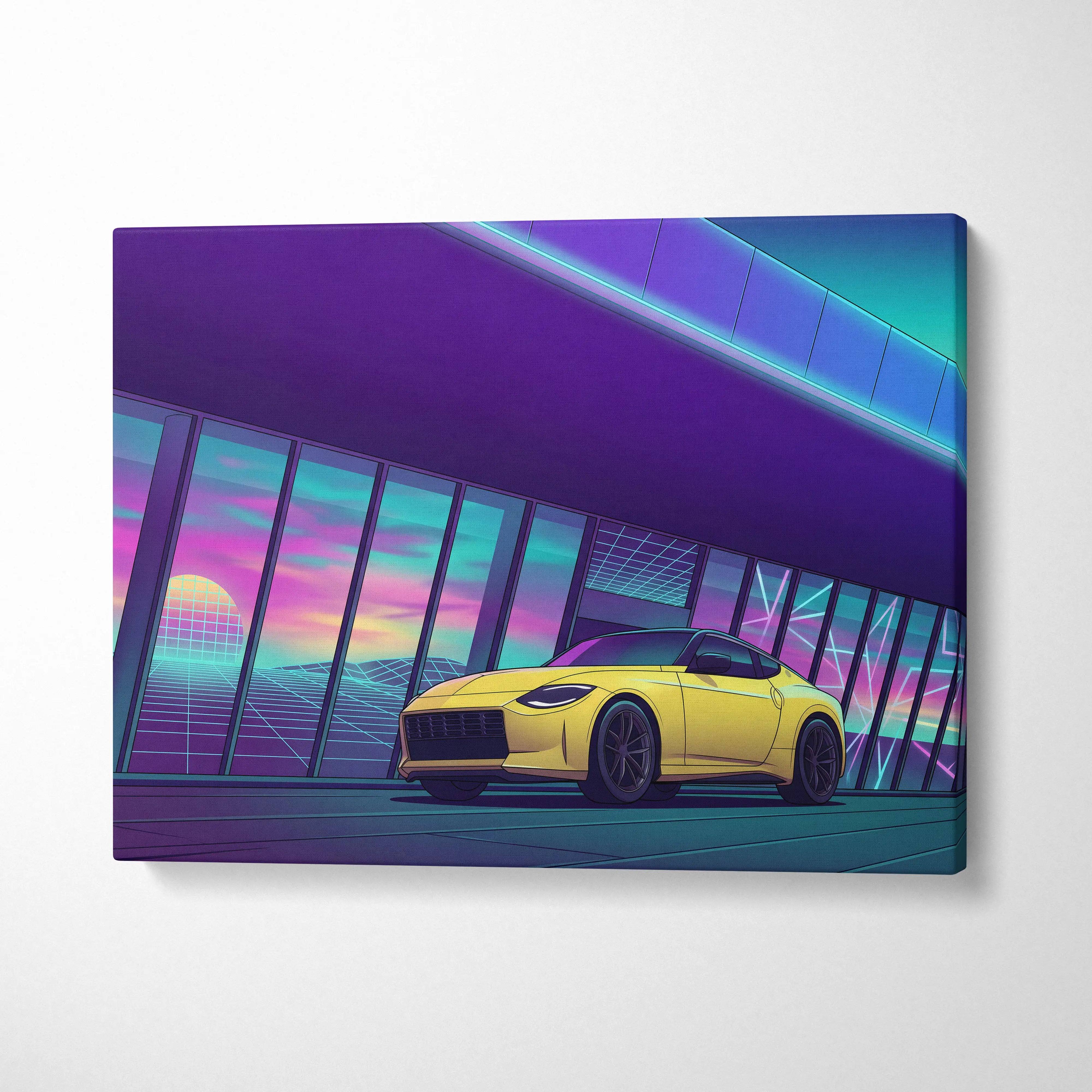 Nissan Z Inspired Yellow Purple Canvas Wall Art Vaporwave Sports Car Artwork Neon Garage Decor Retro Futuristic JDM City Print
