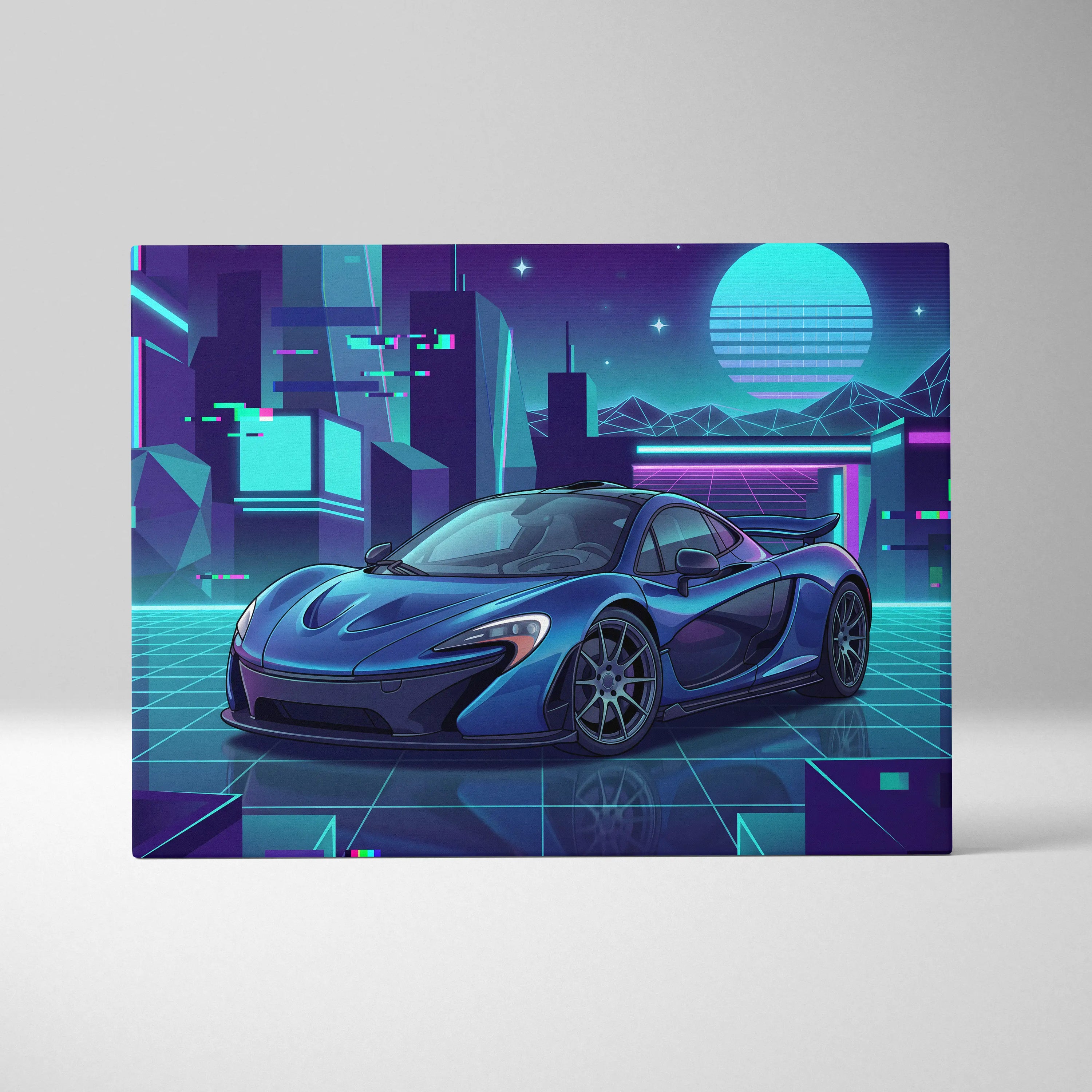 McLaren P1 Inspired Blue Purple Canvas Wall Art, Neon Vaporwave Hypercar Artwork for Futuristic Garage Decor Mood