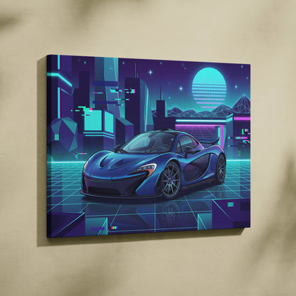 McLaren P1 Inspired Blue Purple Canvas Wall Art, Neon Vaporwave Hypercar Artwork for Futuristic Garage Decor Mood