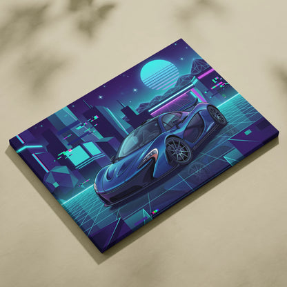 McLaren P1 Inspired Blue Purple Canvas Wall Art, Neon Vaporwave Hypercar Artwork for Futuristic Garage Decor Mood