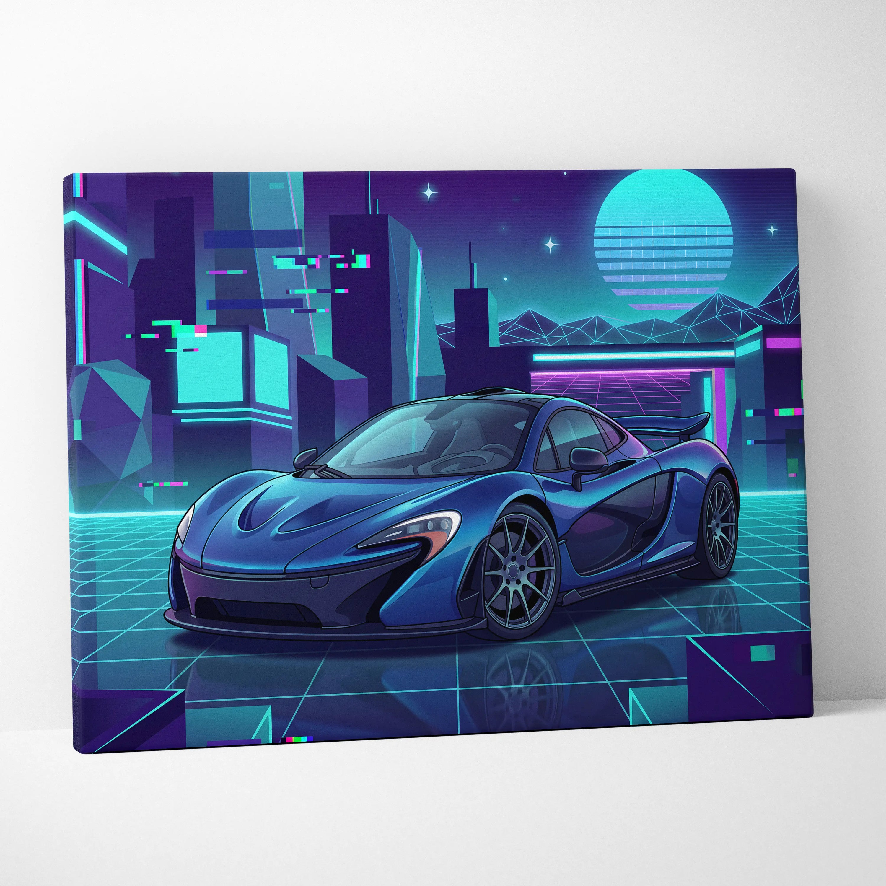 McLaren P1 Inspired Blue Purple Canvas Wall Art, Neon Vaporwave Hypercar Artwork for Futuristic Garage Decor Mood