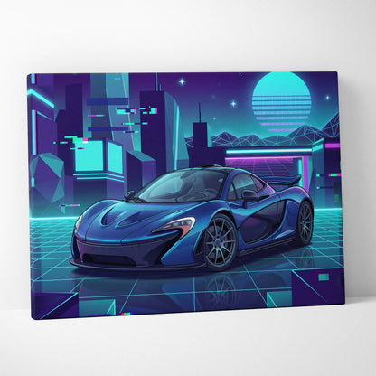 McLaren P1 Inspired Blue Purple Canvas Wall Art, Neon Vaporwave Hypercar Artwork for Futuristic Garage Decor Mood