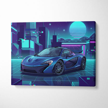 McLaren P1 Inspired Blue Purple Canvas Wall Art, Neon Vaporwave Hypercar Artwork for Futuristic Garage Decor Mood