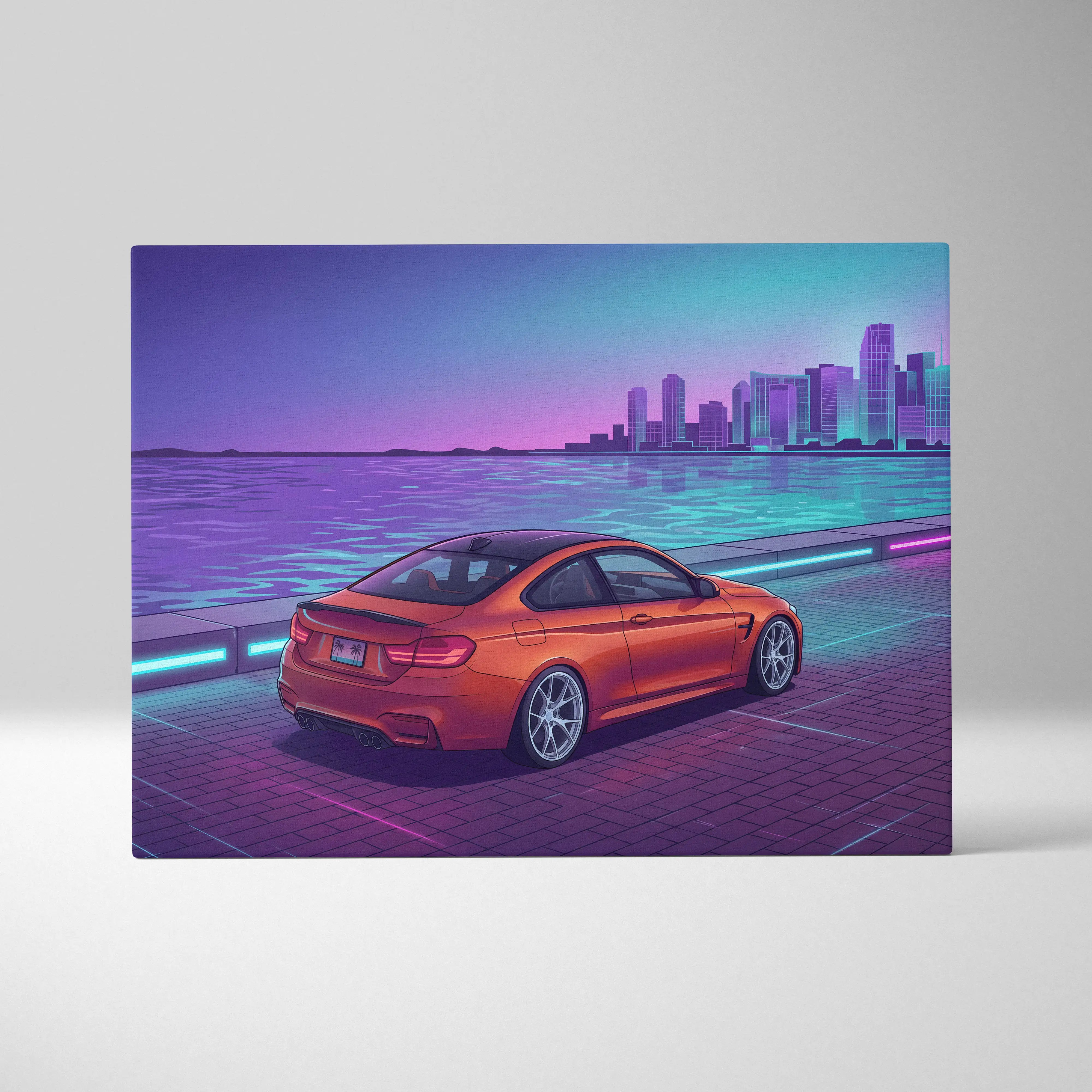 BMW M4 Inspired Orange Purple Canvas Wall Art Vaporwave Sports Car Artwork Neon Waterfront Garage Decor Retro Futuristic City Print