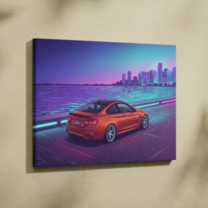 BMW M4 Inspired Orange Purple Canvas Wall Art Vaporwave Sports Car Artwork Neon Waterfront Garage Decor Retro Futuristic City Print