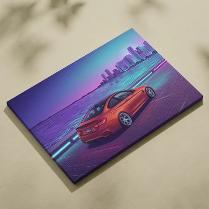 BMW M4 Inspired Orange Purple Canvas Wall Art Vaporwave Sports Car Artwork Neon Waterfront Garage Decor Retro Futuristic City Print