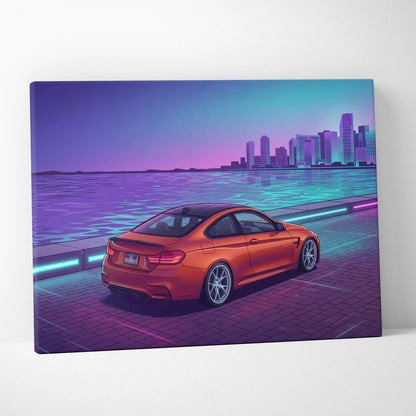 BMW M4 Inspired Orange Purple Canvas Wall Art Vaporwave Sports Car Artwork Neon Waterfront Garage Decor Retro Futuristic City Print