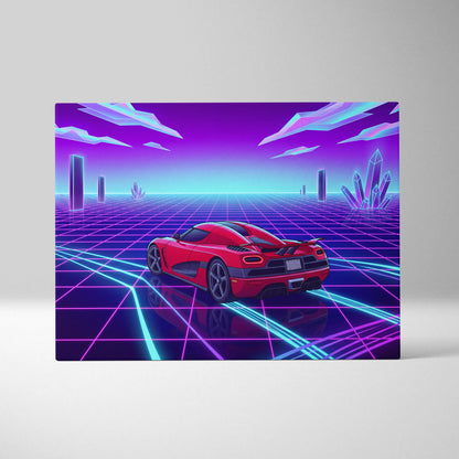 Koenigsegg Agera RS Inspired Red Purple Canvas Wall Art, Vaporwave Hypercar Artwork, Neon Grid Garage Decor, Retro Futuristic Exotic Car Print