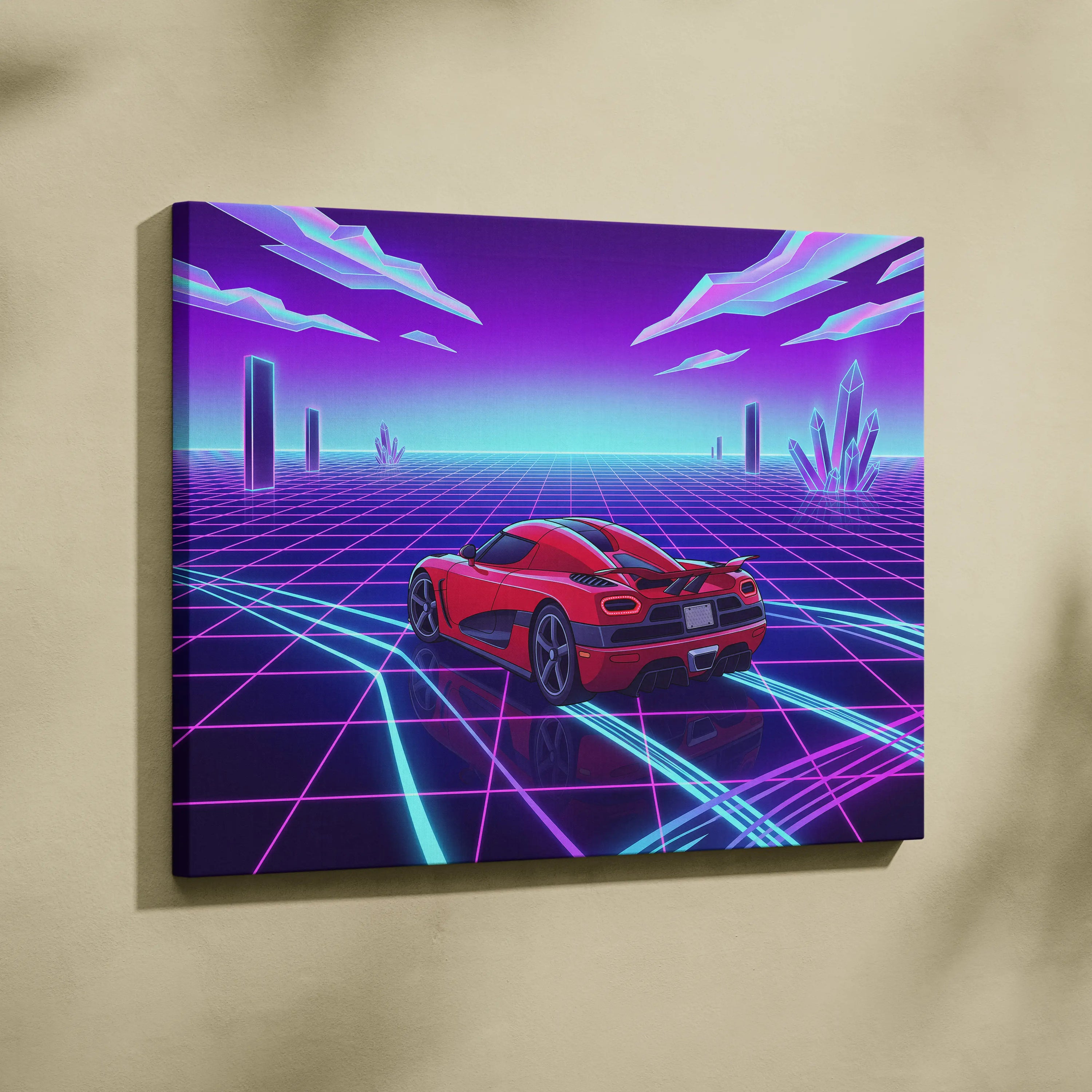 Koenigsegg Agera RS Inspired Red Purple Canvas Wall Art, Vaporwave Hypercar Artwork, Neon Grid Garage Decor, Retro Futuristic Exotic Car Print