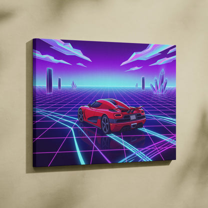 Koenigsegg Agera RS Inspired Red Purple Canvas Wall Art, Vaporwave Hypercar Artwork, Neon Grid Garage Decor, Retro Futuristic Exotic Car Print