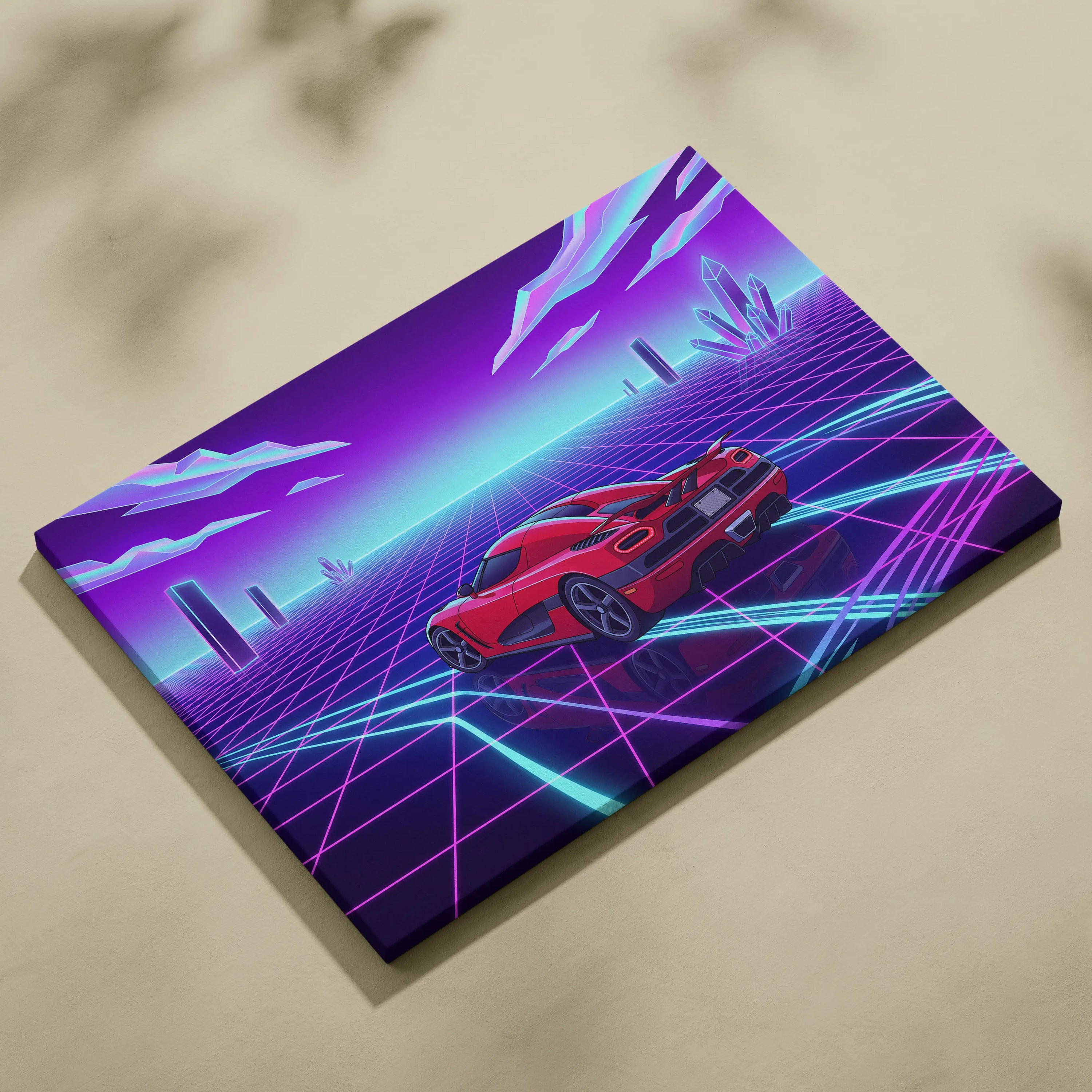 Koenigsegg Agera RS Inspired Red Purple Canvas Wall Art, Vaporwave Hypercar Artwork, Neon Grid Garage Decor, Retro Futuristic Exotic Car Print