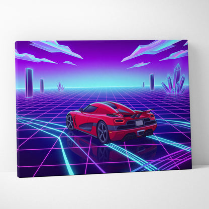 Koenigsegg Agera RS Inspired Red Purple Canvas Wall Art, Vaporwave Hypercar Artwork, Neon Grid Garage Decor, Retro Futuristic Exotic Car Print