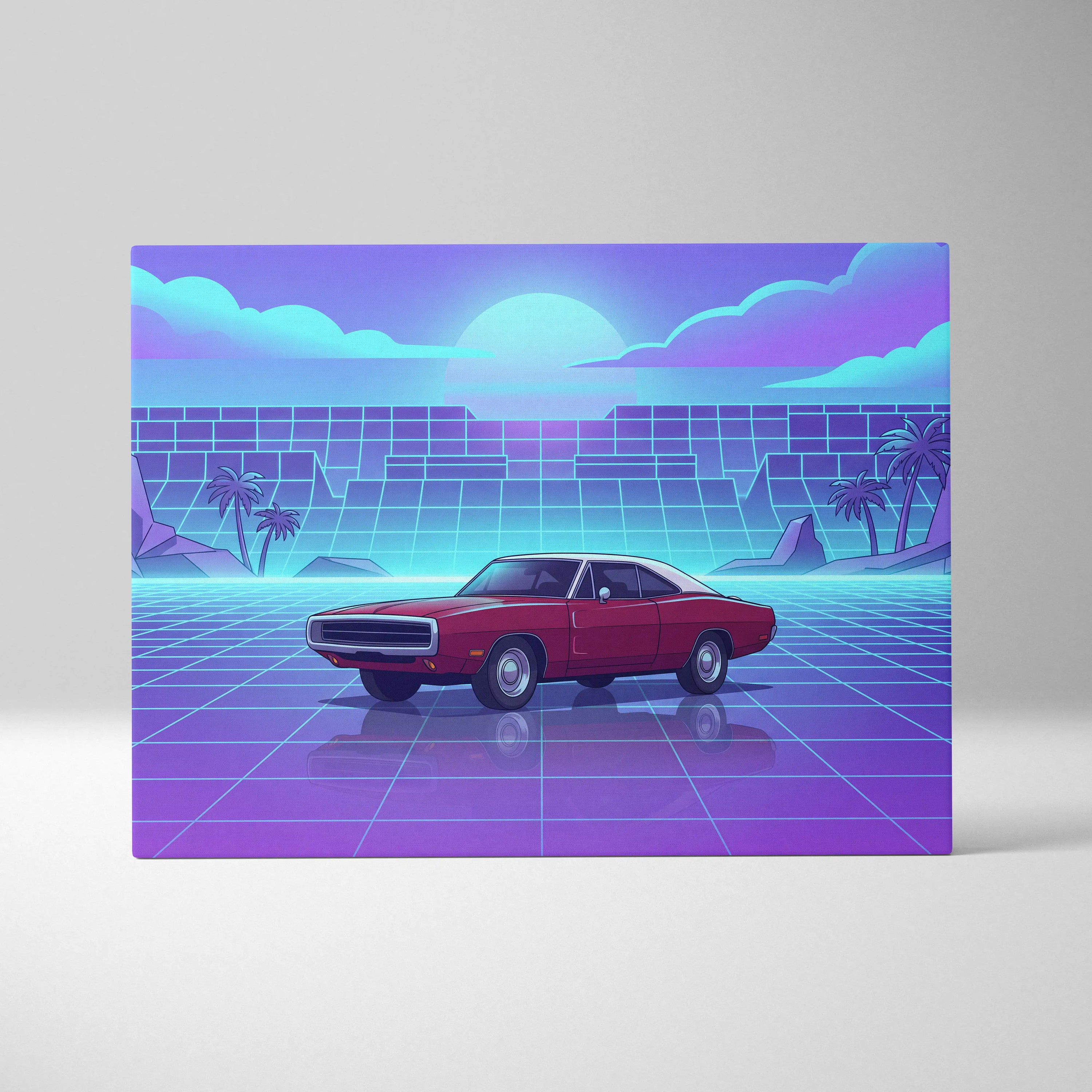 Dodge Charger Inspired Red Purple Canvas Wall Art, Vaporwave Muscle Car Artwork, Neon Grid Garage Decor, Retro Futuristic Classic Print
