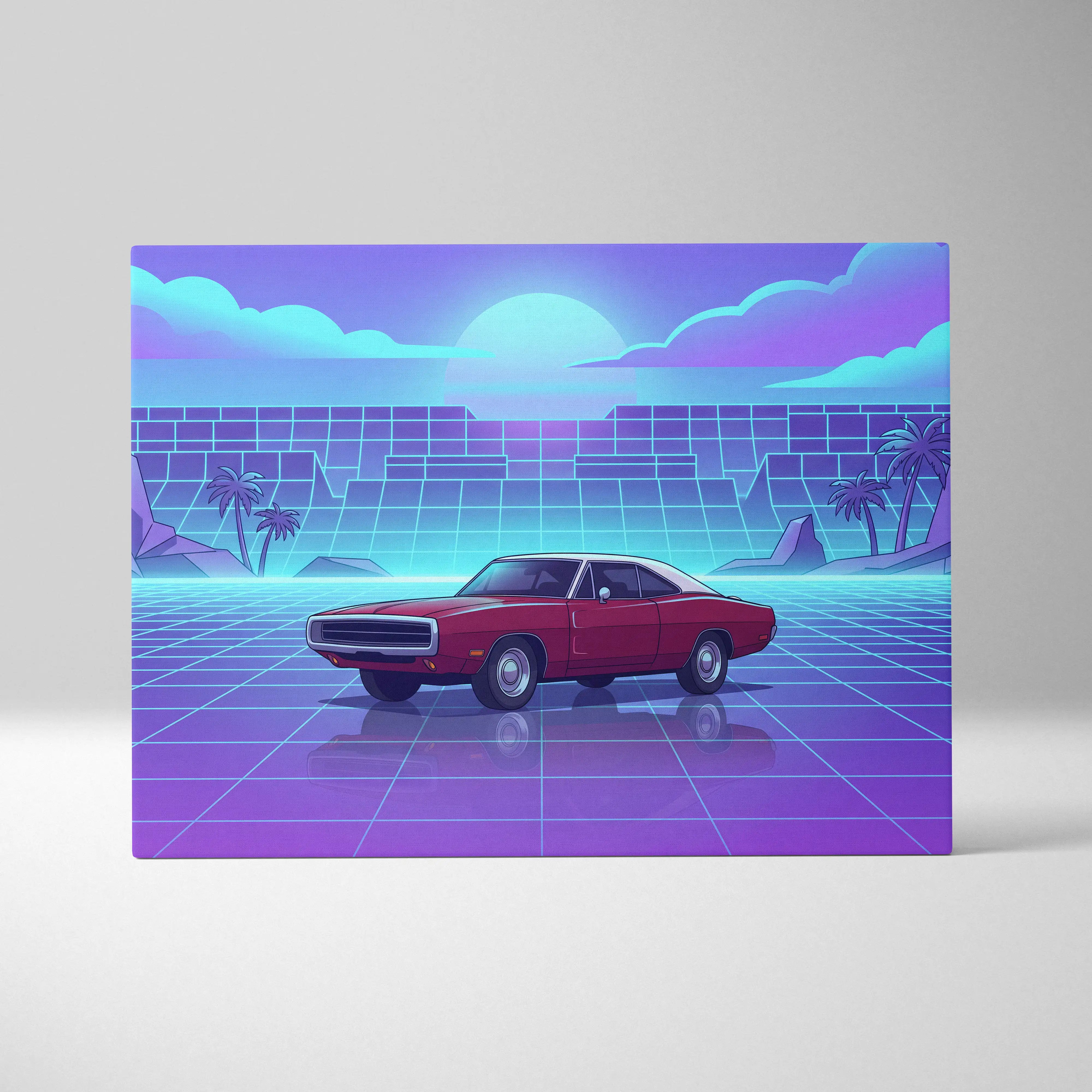 Dodge charger inspired red classic muscle car with chrome accents and white roof on purple vaporwave canvas wall art