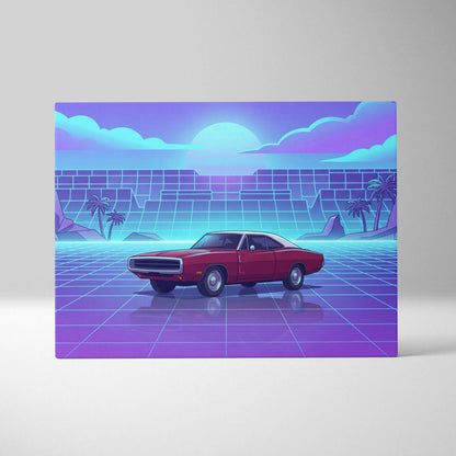 Dodge Charger Inspired Red Purple Canvas Wall Art, Vaporwave Muscle Car Artwork, Neon Grid Garage Decor, Retro Futuristic Classic Print