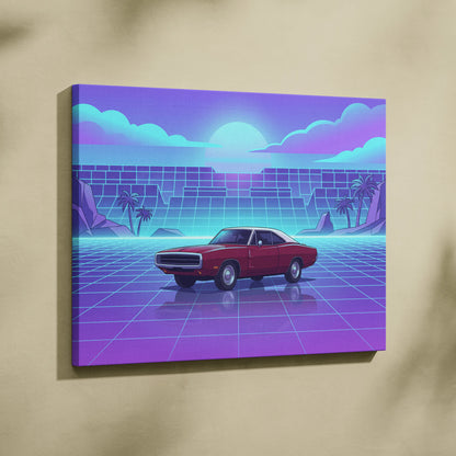 Dodge Charger Inspired Red Purple Canvas Wall Art, Vaporwave Muscle Car Artwork, Neon Grid Garage Decor, Retro Futuristic Classic Print