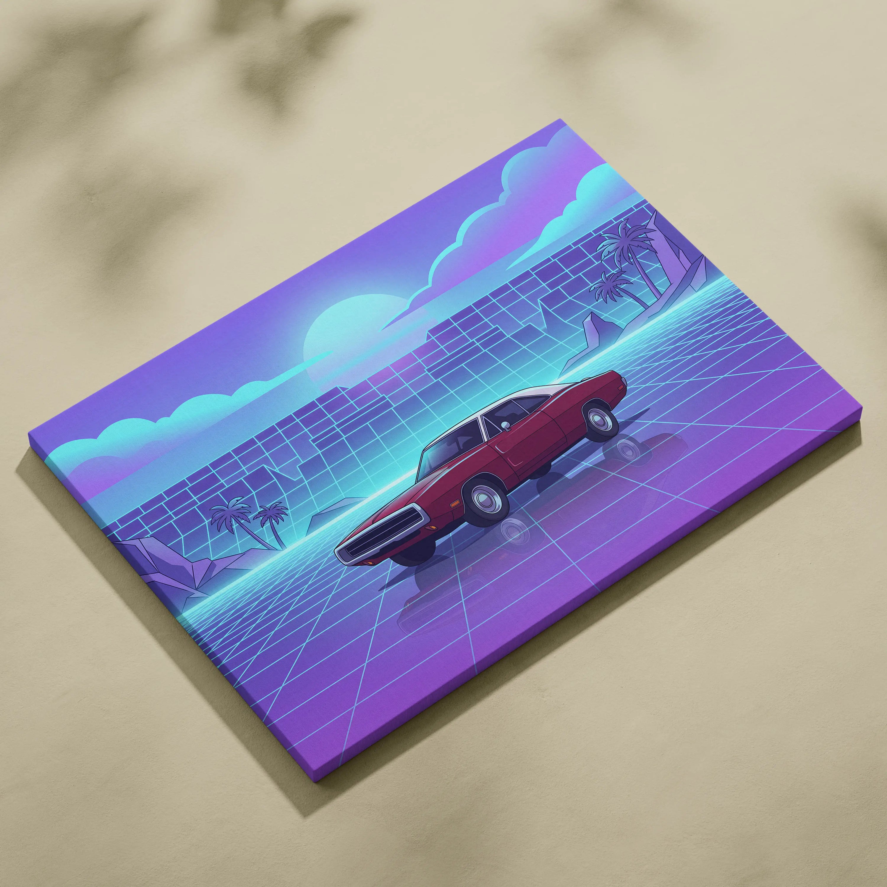 Dodge Charger Inspired Red Purple Canvas Wall Art, Vaporwave Muscle Car Artwork, Neon Grid Garage Decor, Retro Futuristic Classic Print