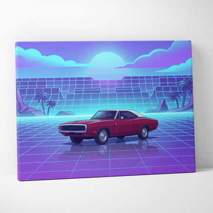 Dodge Charger Inspired Red Purple Canvas Wall Art, Vaporwave Muscle Car Artwork, Neon Grid Garage Decor, Retro Futuristic Classic Print