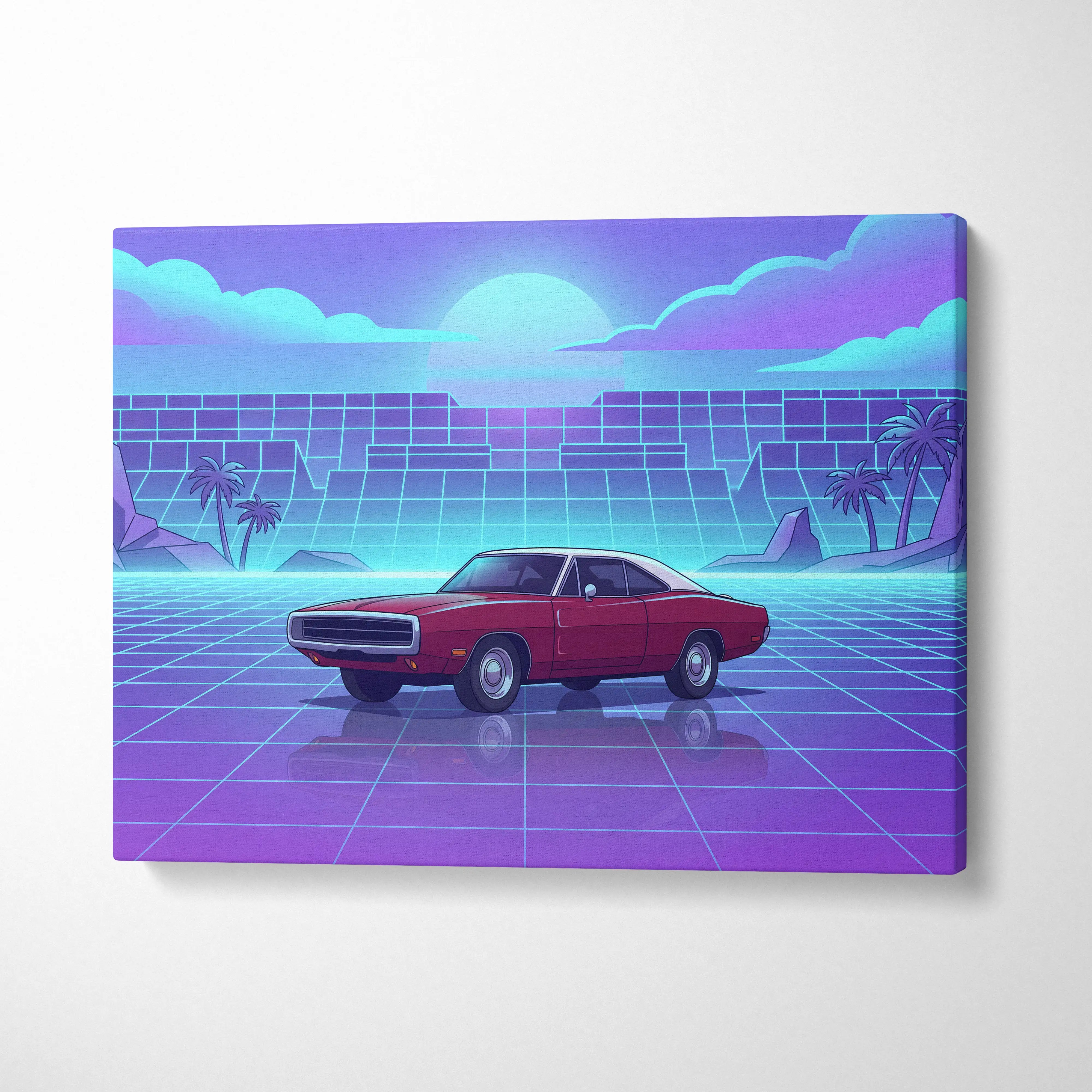 Dodge charger inspired red classic muscle car with white roof in vibrant retro futuristic vaporwave canvas print