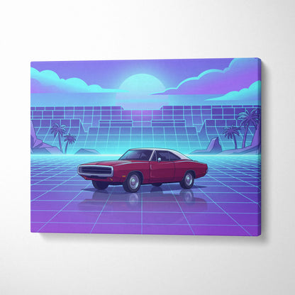 Dodge Charger Inspired Red Purple Canvas Wall Art, Vaporwave Muscle Car Artwork, Neon Grid Garage Decor, Retro Futuristic Classic Print