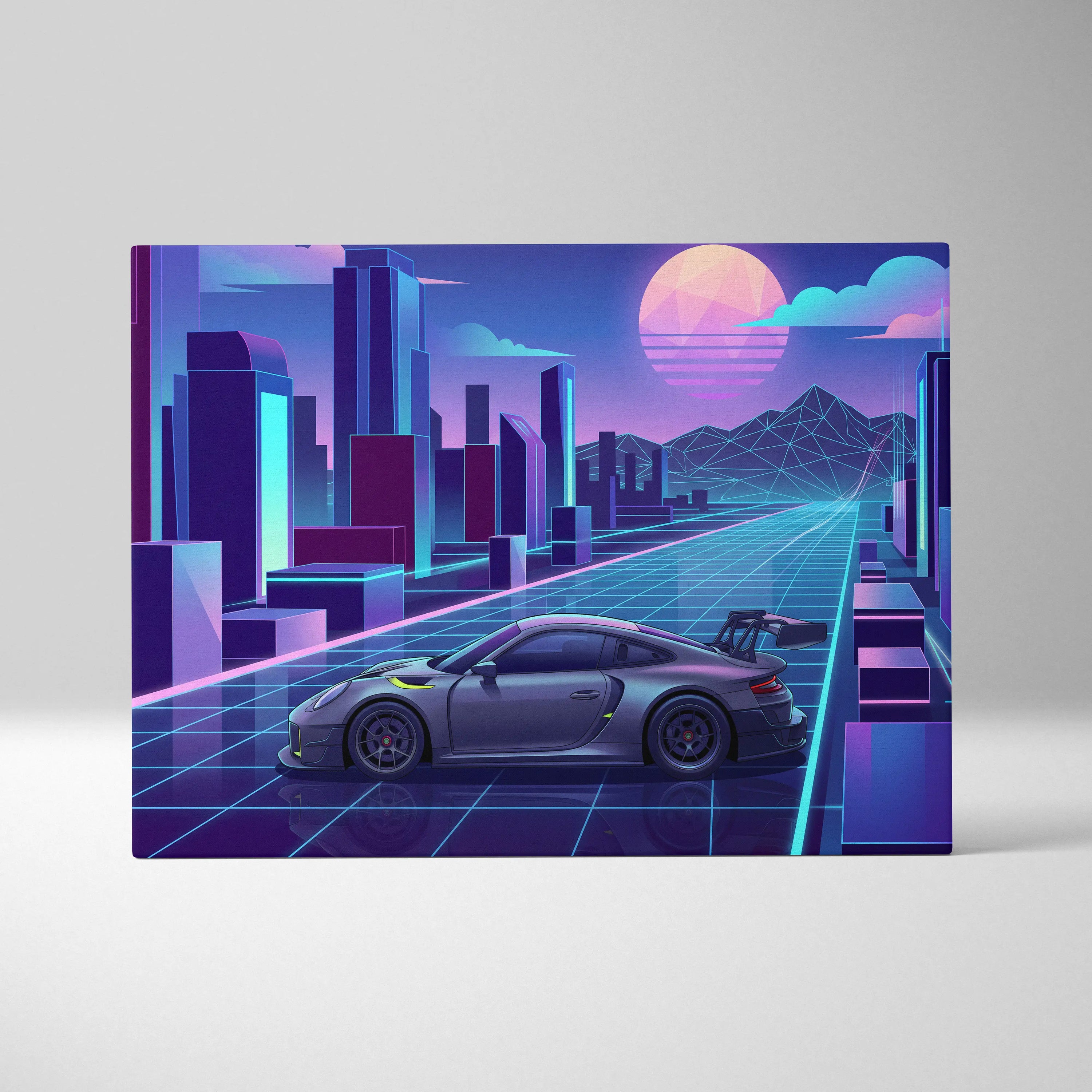 Porsche 911 GT3 RS Inspired Gray Purple Canvas Wall Art Vaporwave Neon City Sports Car Artwork, Retro Futuristic Garage Decor