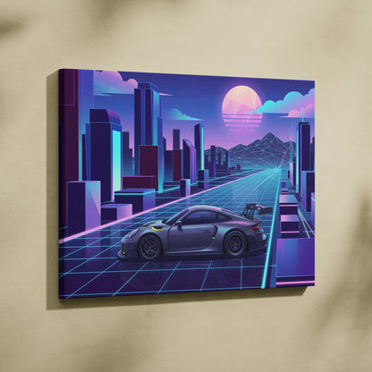Porsche 911 GT3 RS Inspired Gray Purple Canvas Wall Art Vaporwave Neon City Sports Car Artwork, Retro Futuristic Garage Decor