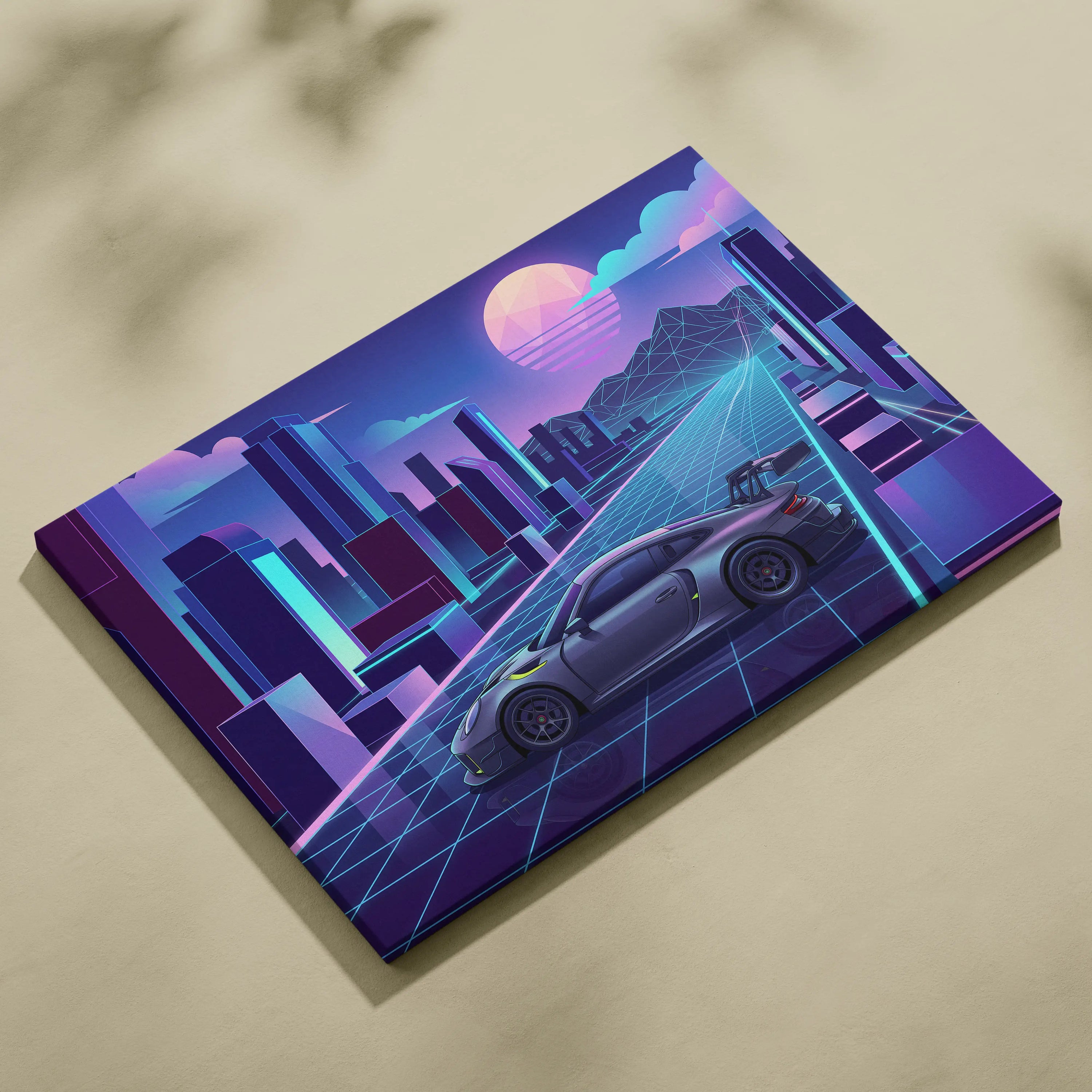 Porsche 911 GT3 RS Inspired Gray Purple Canvas Wall Art Vaporwave Neon City Sports Car Artwork, Retro Futuristic Garage Decor