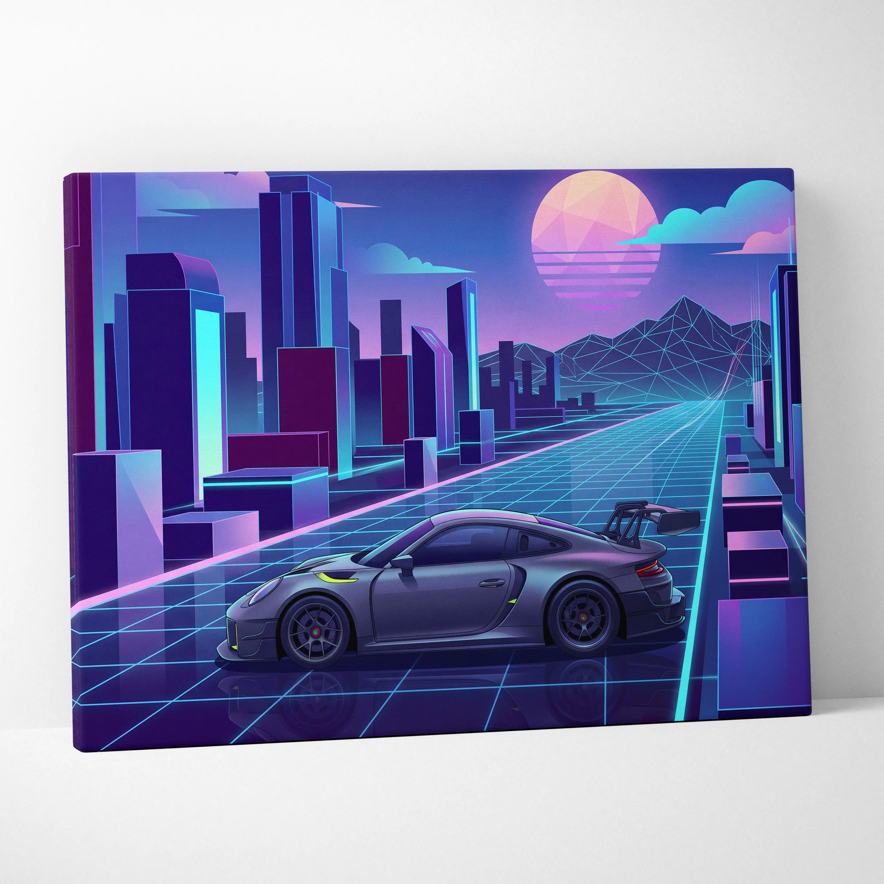 Porsche 911 GT3 RS Inspired Gray Purple Canvas Wall Art Vaporwave Neon City Sports Car Artwork, Retro Futuristic Garage Decor